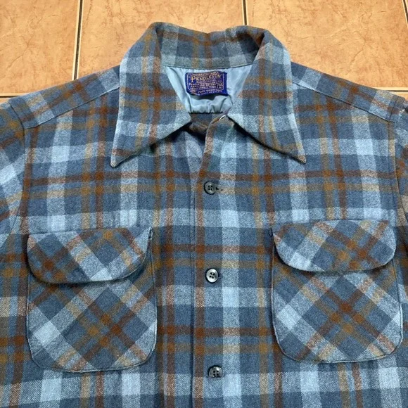 VTG Pendleton Board Shirt Blue Plaid Wool Flap Pockets Loop Collar Men's Sz Med